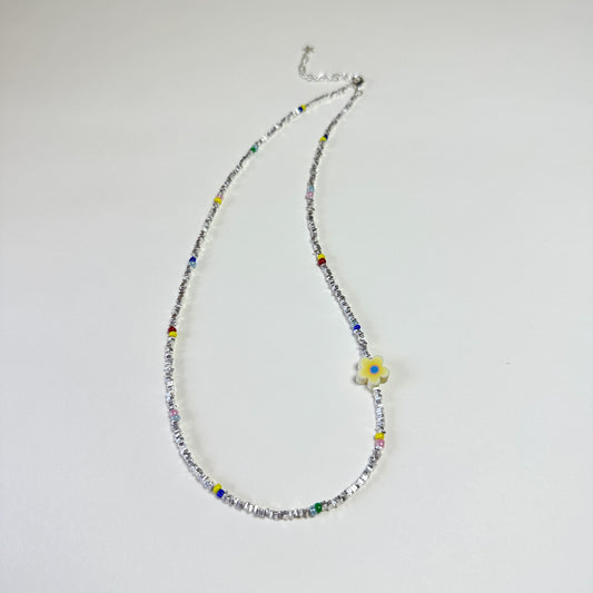 Beaded Silver Slice Floral Necklace